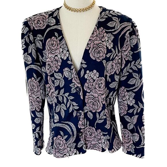 Vintage 80s floral lightweight knit tapestry jacket padded shoulder plus size 16 - Picture 1 of 8